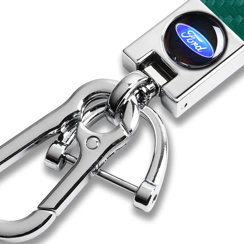 FORD Universal Chrome 3D Logo Carbon Fiber Look Green Leather Metal Gift Decor FORD Racing Quick Release Lanyard Keychain - Image 7