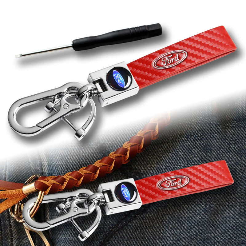 FORD Universal Chrome 3D Logo Carbon Fiber Look Red Leather Metal Gift Decor FORD Racing Quick Release Lanyard Keychain - Image 2
