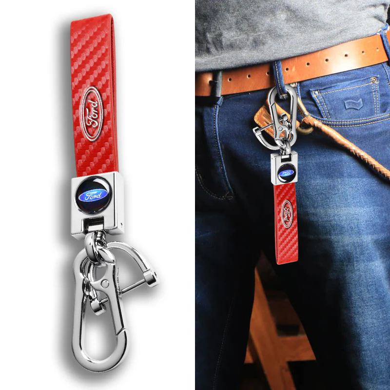 FORD Universal Chrome 3D Logo Carbon Fiber Look Red Leather Metal Gift Decor FORD Racing Quick Release Lanyard Keychain - Image 4