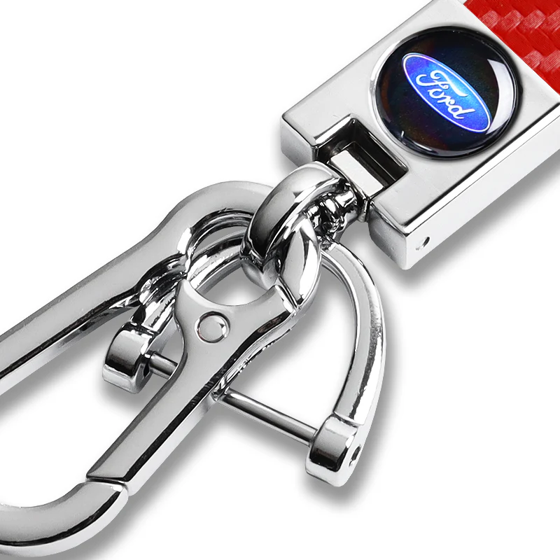 FORD Universal Chrome 3D Logo Carbon Fiber Look Red Leather Metal Gift Decor FORD Racing Quick Release Lanyard Keychain - Image 8