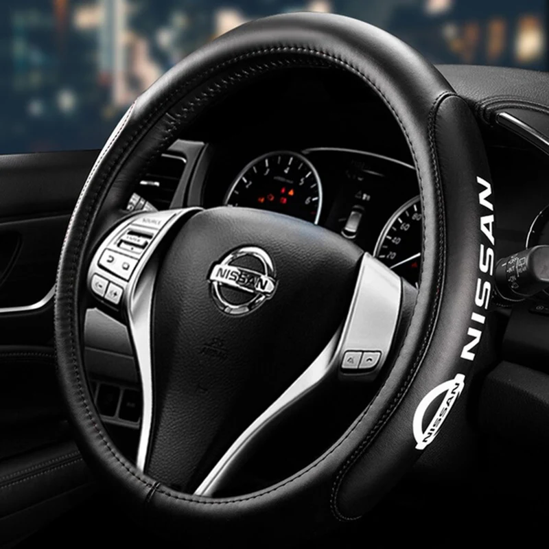 Genuine Leather For NISSAN Black 15" Diameter Car Auto Steering Wheel Cover X1 - Image 5