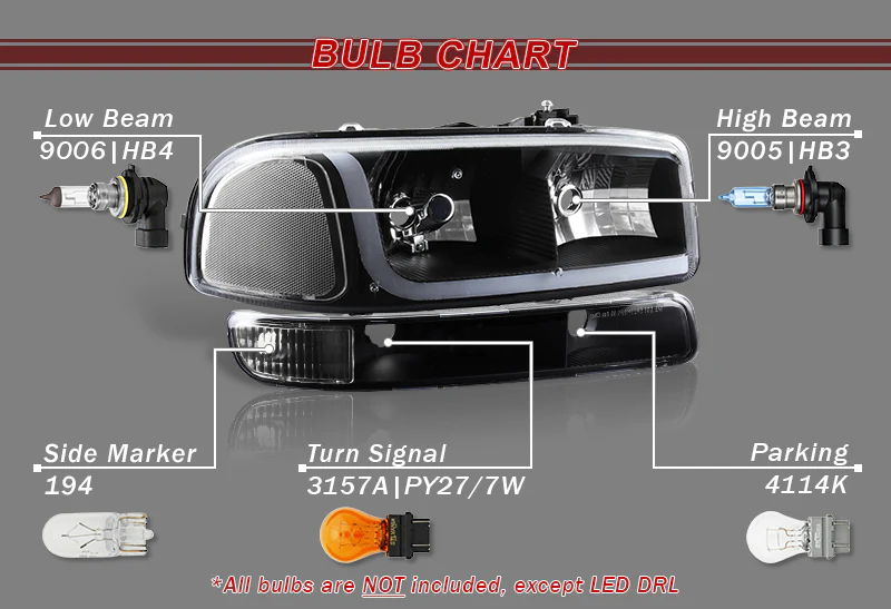 2000-2006 GMC Yukon XL 1500 2500 LED DRL Black Headlights w/ Bumper Signal Lights 4PCS Set - Clear Lens Clear Reflectors - Image 5