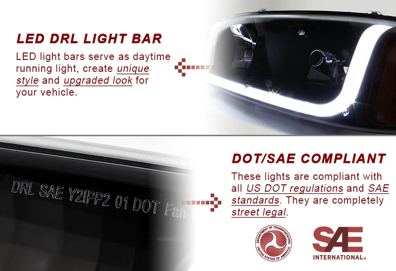 GMC Sierra/Yukon XL 1500 2500 LED DRL Black Headlights w/ Bumper Signal Lights 4PCS Set - Smoked Lens Clear Reflectors - Image 2