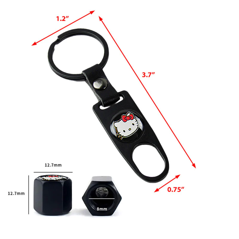 Hello Kitty Car Wheel Tire Valves Dust Stem Air Caps Keychain Emblem KEY FOB Black Set - US SELLER - Image 3