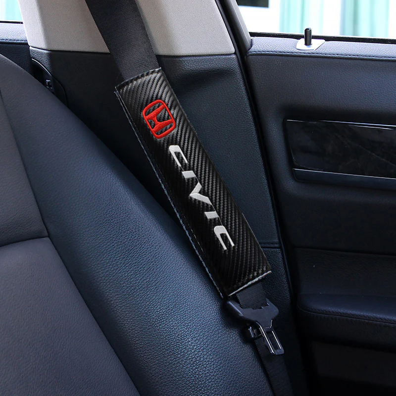 Honda Civic Set Black Carbon Fiber Look Seat Belt Cover X2 with Honda Black Keychain Lanyard - Image 3