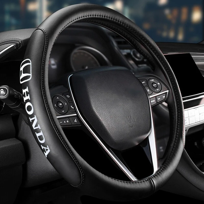 HONDA Set Black 15" Diameter Car Auto Steering Wheel Cover Quality Leather with Center Console Armrest Cushion Mat Pad Cover - Image 6