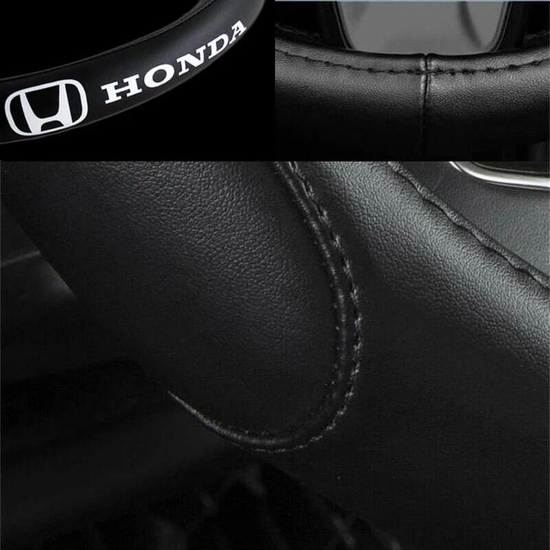 HONDA Set Black 15" Diameter Car Auto Steering Wheel Cover Quality Leather with Center Console Armrest Cushion Mat Pad Cover - Image 9