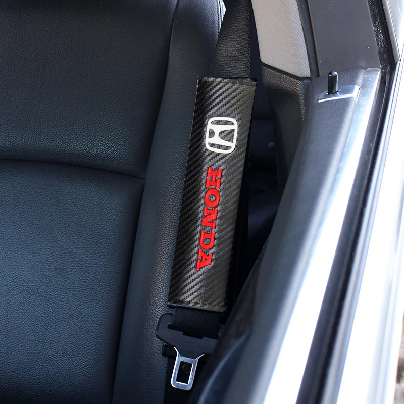 Honda Set Black Carbon Fiber Look Seat Belt Cover X2 with Honda Black Keychain Lanyard - Image 3