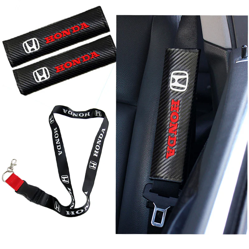 Honda Set Black Carbon Fiber Look Seat Belt Cover X2 with Honda Black Keychain Lanyard - Image 6