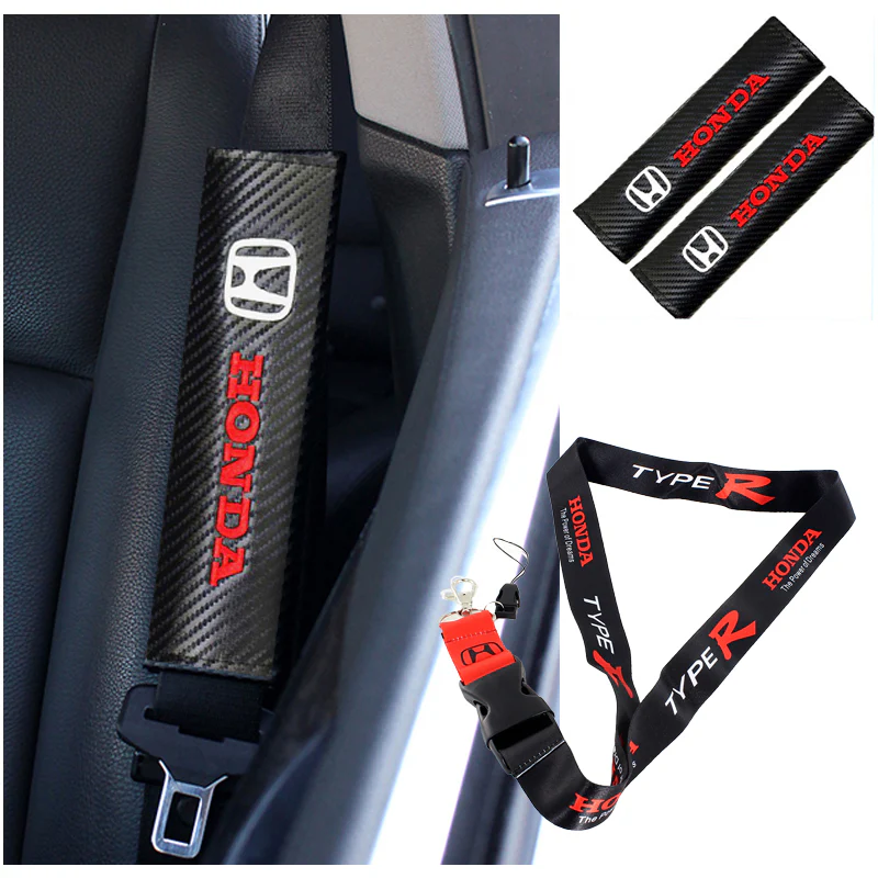 Honda Set Black Carbon Fiber Look Seat Belt Cover X2 with Type R Black Keychain Lanyard - Image 5