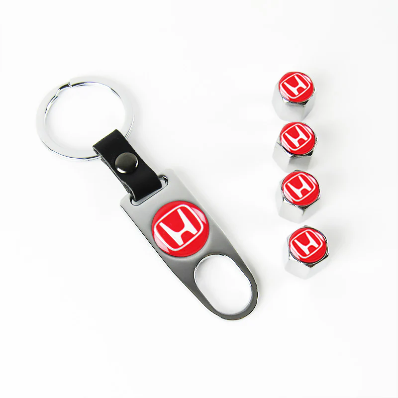 HONDA Set LOGO Emblems with Silver Wheel Tire Valves Air Caps Keychain - US SELLER - Image 3