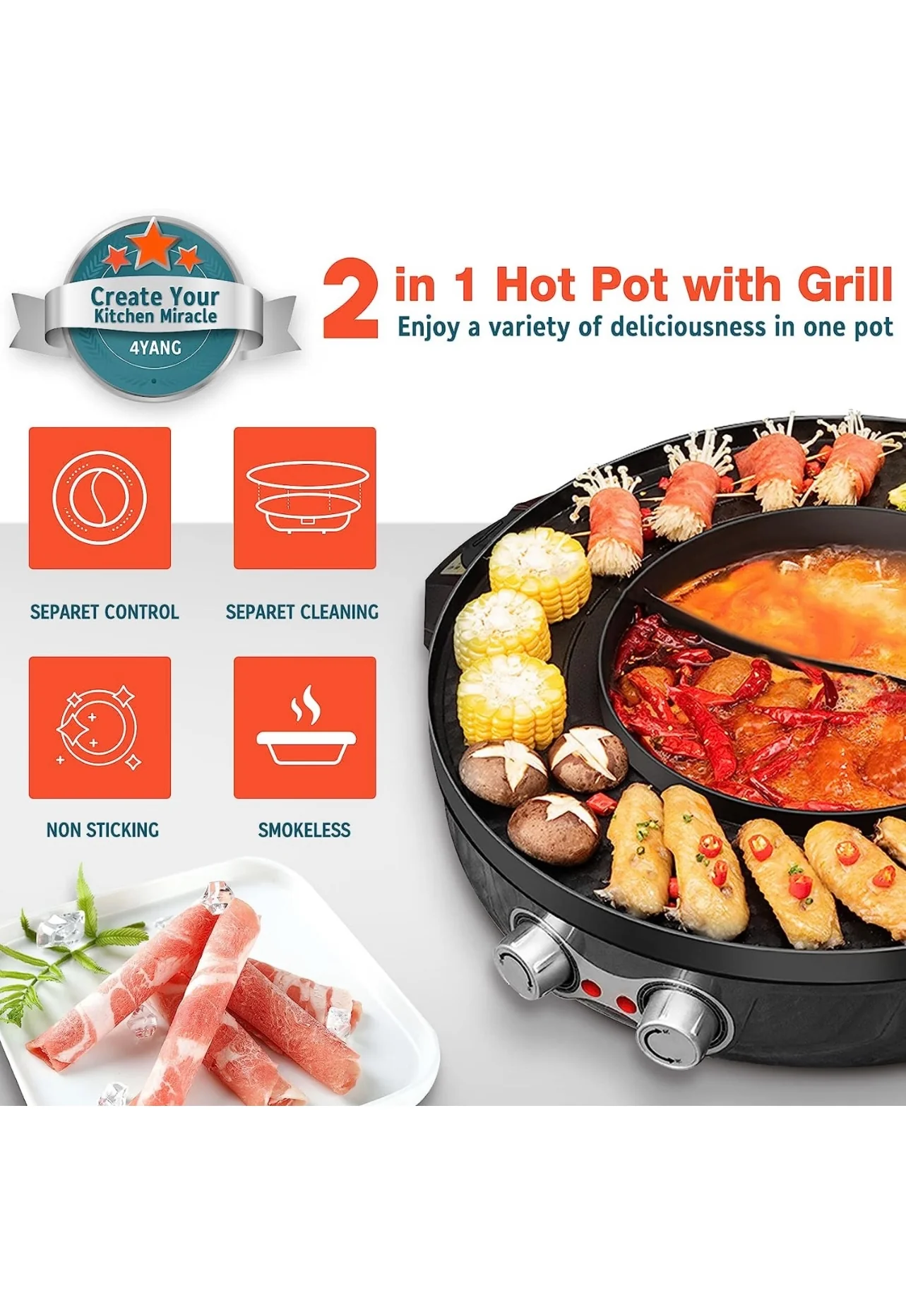 Hot Pot with Grill, 1800W 2 in 1 Electric Hot Pot Grill Cooker with Dual Temperature Control for 1-8 People, Multi-function Smokeless Shabu Korean BBQ Grill for Simmer, Boil, Fry, Roast - Image 2