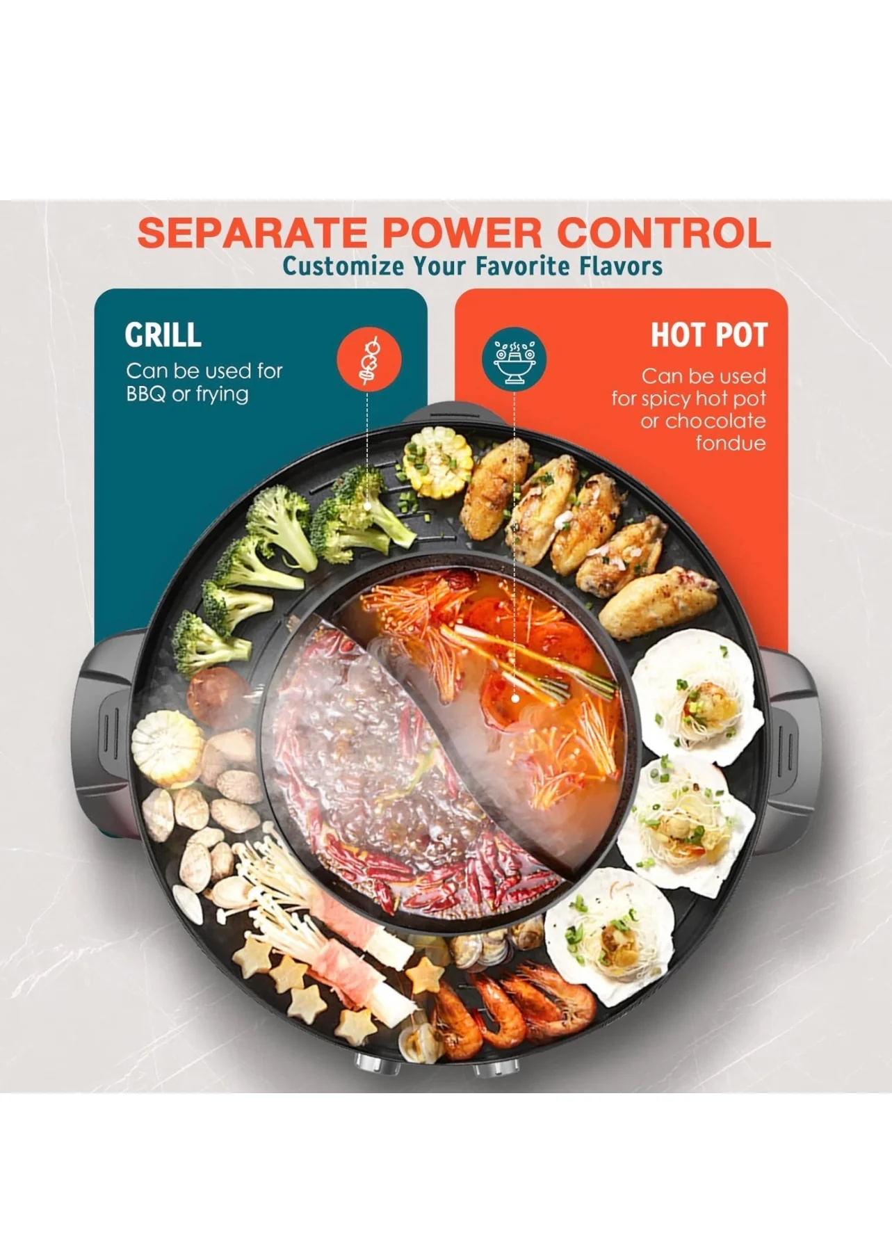Hot Pot with Grill, 1800W 2 in 1 Electric Hot Pot Grill Cooker with Dual Temperature Control for 1-8 People, Multi-function Smokeless Shabu Korean BBQ Grill for Simmer, Boil, Fry, Roast - Image 4