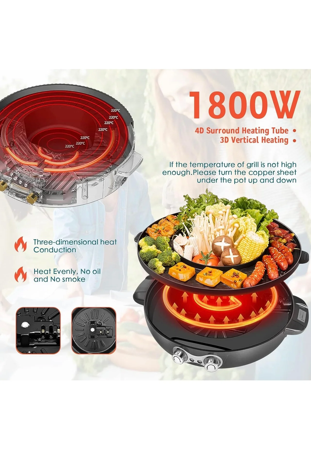 Hot Pot with Grill, 1800W 2 in 1 Electric Hot Pot Grill Cooker with Dual Temperature Control for 1-8 People, Multi-function Smokeless Shabu Korean BBQ Grill for Simmer, Boil, Fry, Roast - Image 6