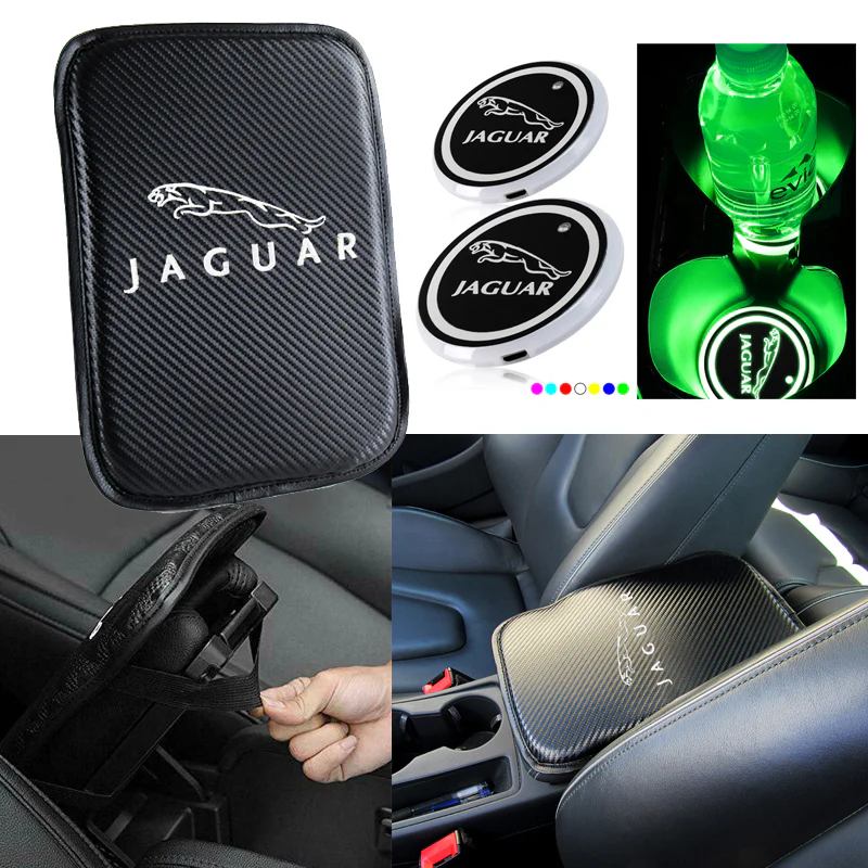 JAGUAR Car Center Console Armrest Cushion Mat Pad Cover Stitched Embroidery Logo with LED Cup Coaster Set - Image 5