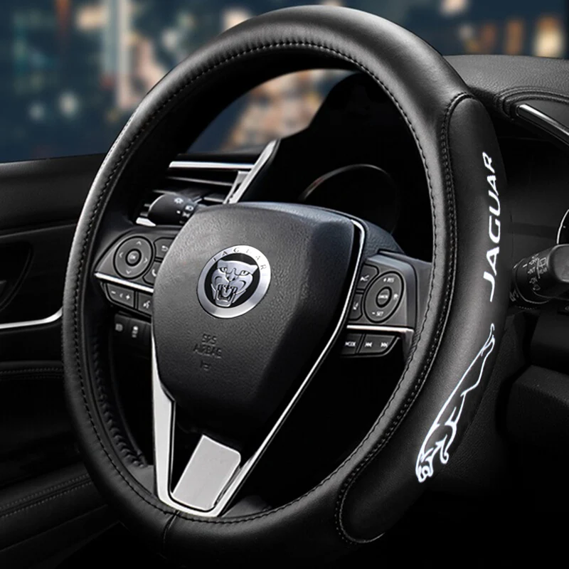 JAGUAR Set Black 15" Diameter Car Auto Steering Wheel Cover Quality Leather with Center Console Armrest Cushion Mat Pad Cover - Image 11