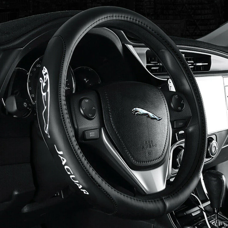 JAGUAR Set Black 15" Diameter Car Auto Steering Wheel Cover Quality Leather with Center Console Armrest Cushion Mat Pad Cover - Image 7