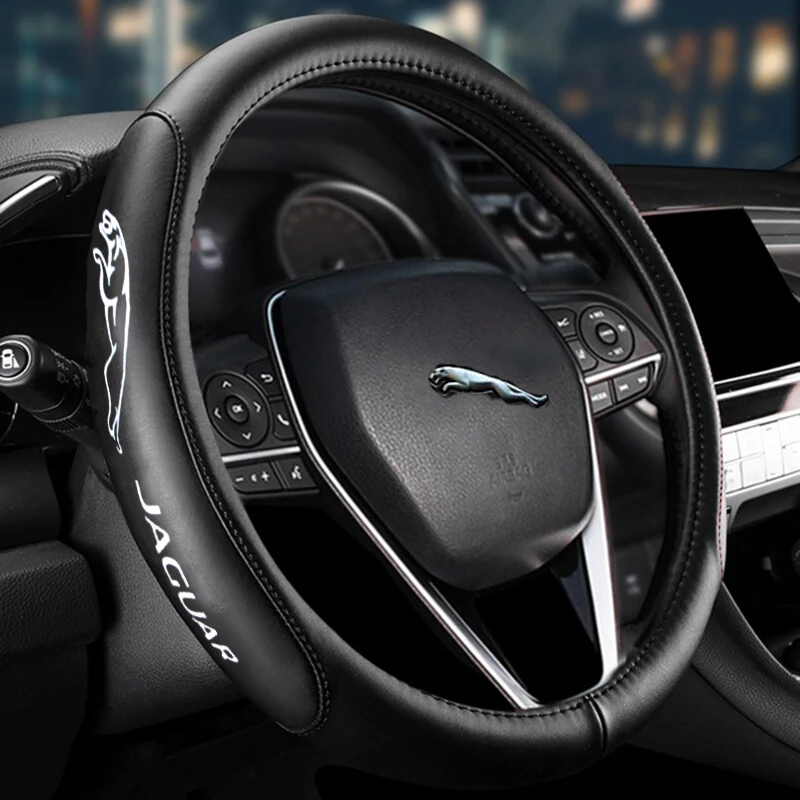 JAGUAR Set Genuine Leather 15" Diameter Car Auto Steering Wheel Cover with Black / Silver LOGO Horn Button - Image 8