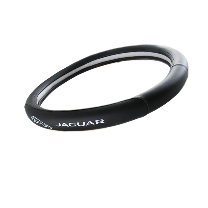 JAGUAR Set Genuine Leather 15" Diameter Car Auto Steering Wheel Cover with Black / Silver LOGO Horn Button - Image 9