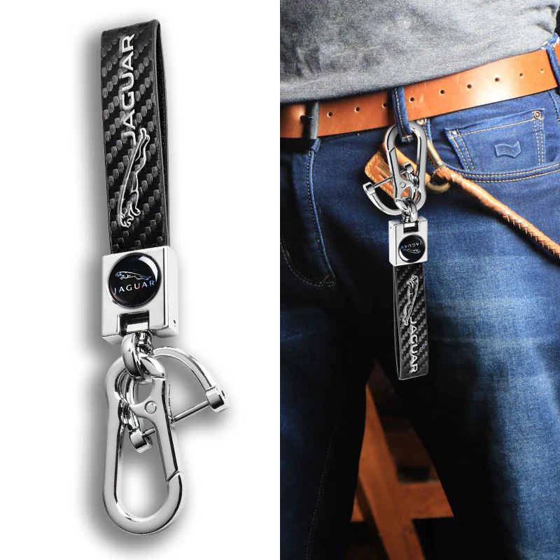 JAGUAR Universal Chrome 3D Logo Carbon Fiber Look Black Leather Metal Gift Decor Quick Release Lanyard Keychain - Image 4