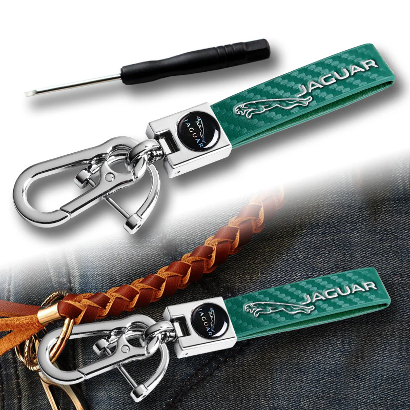 JAGUAR Universal Chrome 3D Logo Carbon Fiber Look Green Leather Metal Gift Decor Quick Release Lanyard Keychain - Image 2