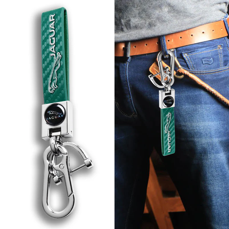 JAGUAR Universal Chrome 3D Logo Carbon Fiber Look Green Leather Metal Gift Decor Quick Release Lanyard Keychain - Image 4
