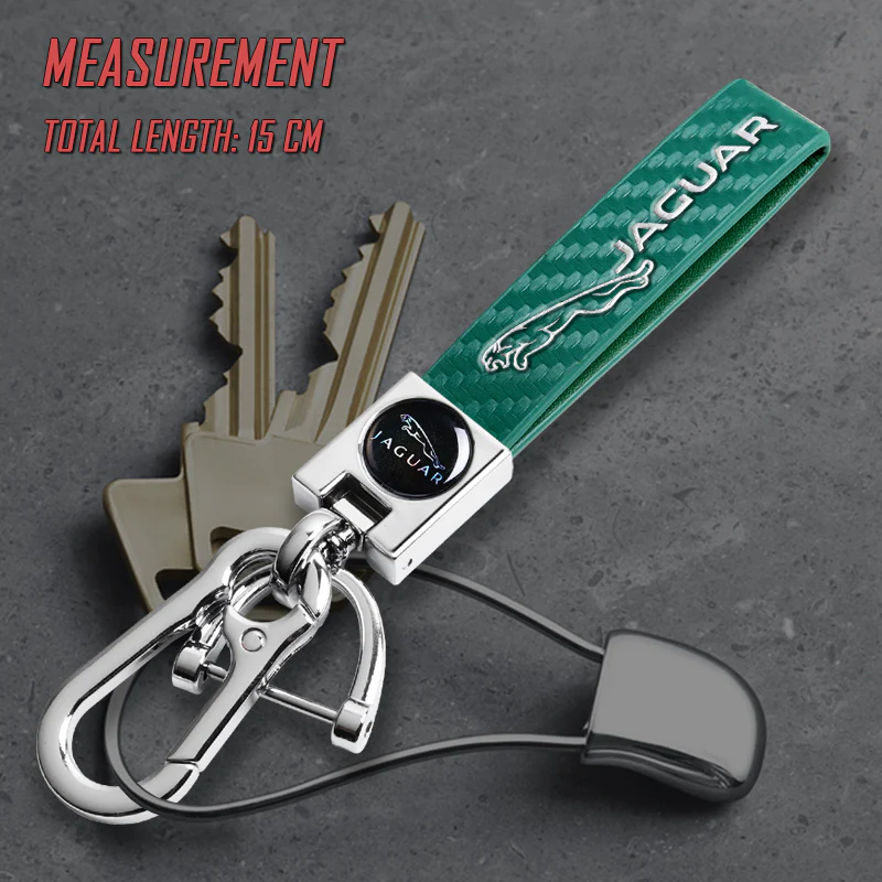 JAGUAR Universal Chrome 3D Logo Carbon Fiber Look Green Leather Metal Gift Decor Quick Release Lanyard Keychain - Image 6