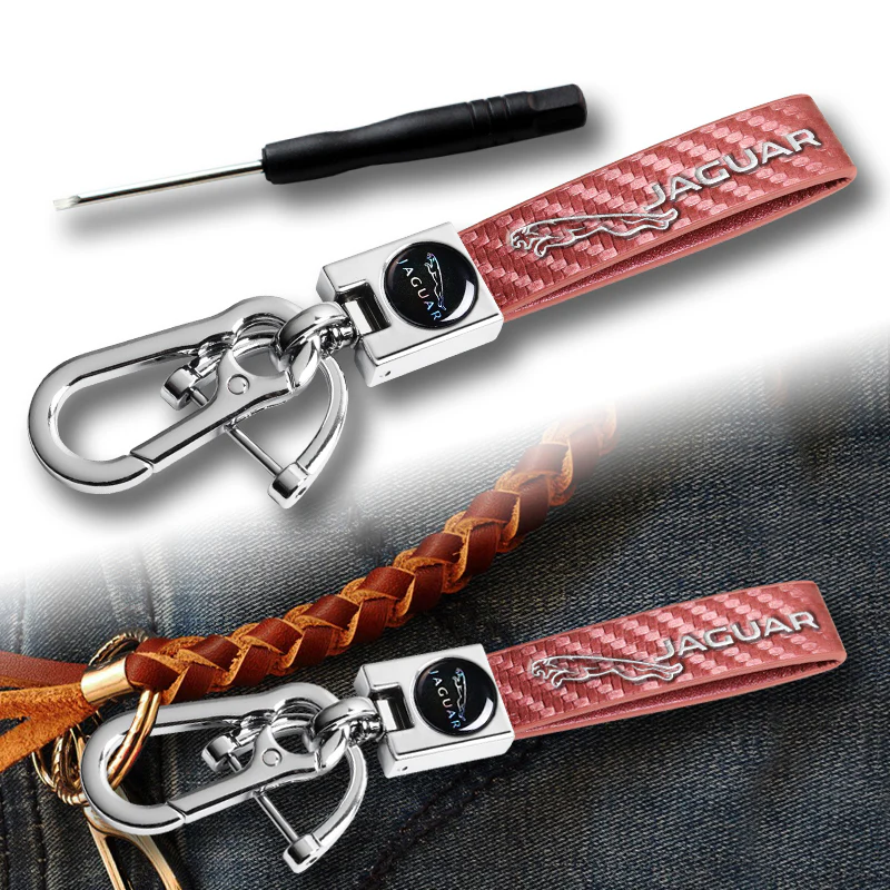 JAGUAR Universal Chrome 3D Logo Carbon Fiber Look Rare Pink Leather Metal Gift Decor Quick Release Lanyard Keychain - Image 2