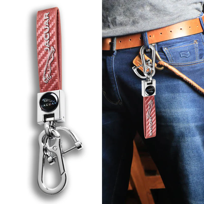 JAGUAR Universal Chrome 3D Logo Carbon Fiber Look Rare Pink Leather Metal Gift Decor Quick Release Lanyard Keychain - Image 3
