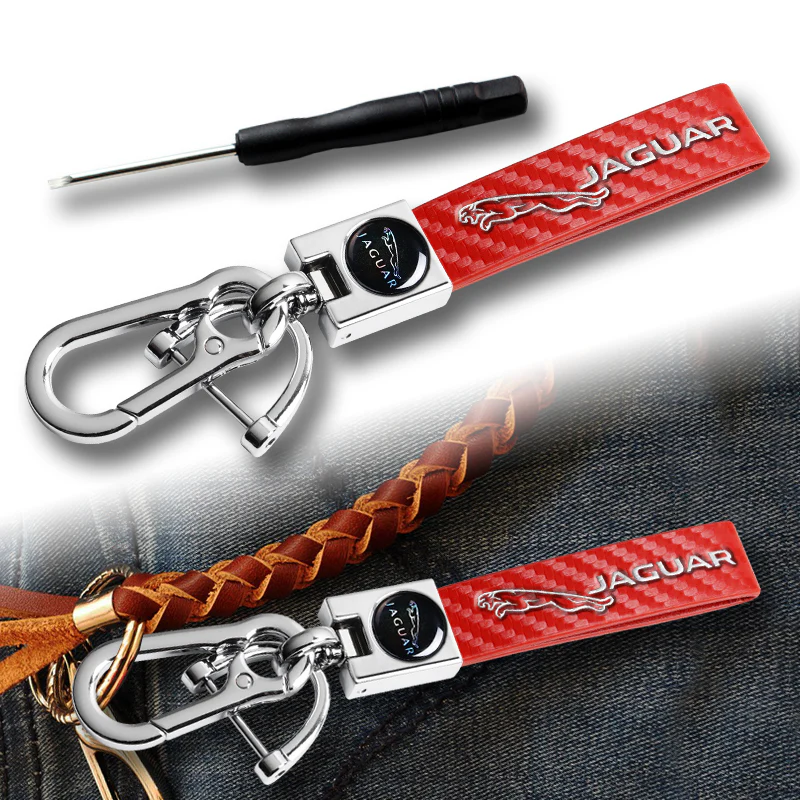 JAGUAR Universal Chrome 3D Logo Carbon Fiber Look Red Leather Metal Gift Decor Quick Release Lanyard Keychain - Image 2