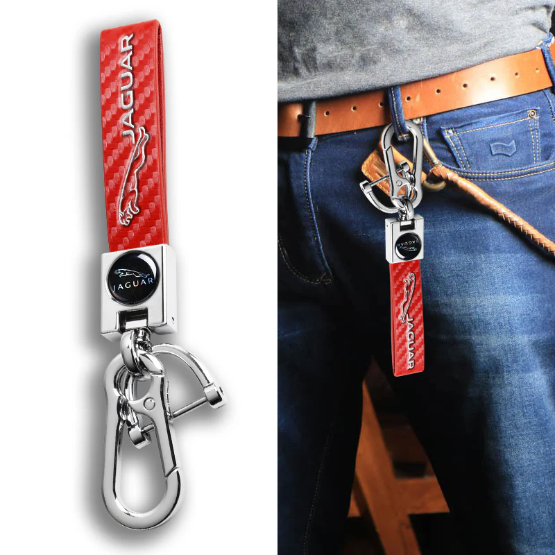 JAGUAR Universal Chrome 3D Logo Carbon Fiber Look Red Leather Metal Gift Decor Quick Release Lanyard Keychain - Image 4