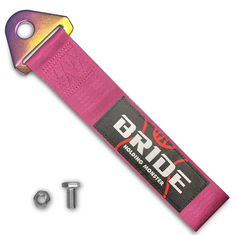JDM BRIDE Racing NEO CHROME HIGH STRENGTH Pink Tow Strap for Front / Rear Bumper - Image 2
