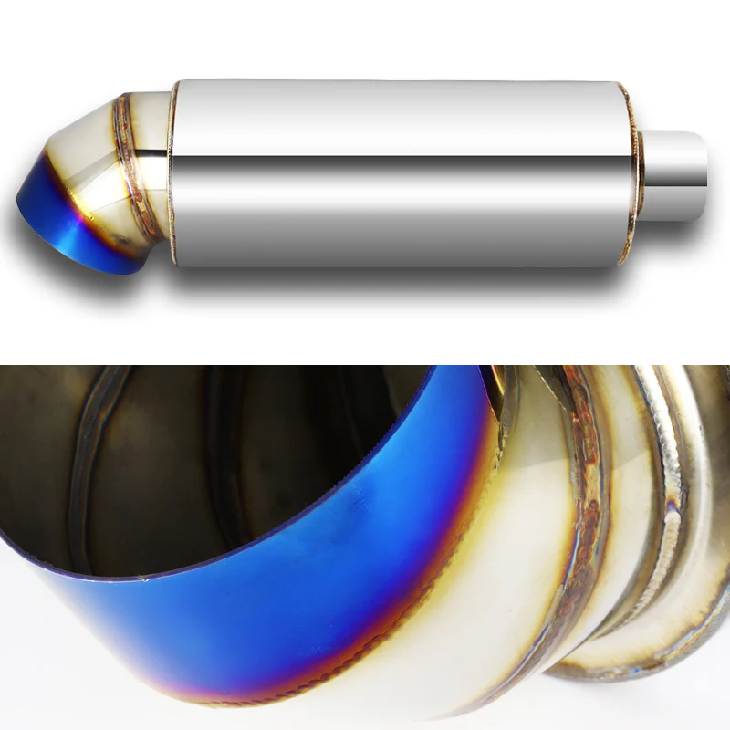 JDM Cutter Knife Style Universal 2.5" Inlet 4" Outlet Deep And Smooth Tone Weld-On T-304 Exhaust High Flow Turn Down Muffler -Blue Burnt Tip - Image 4
