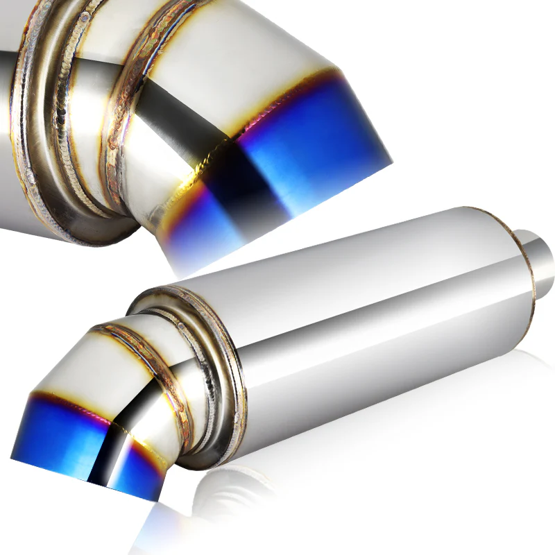 JDM Cutter Knife Style Universal 3" Inlet 4" Outlet Deep And Smooth Tone Weld-On T-304 Exhaust High Flow Turn Down Muffler -Blue Burnt Tip - Image 3