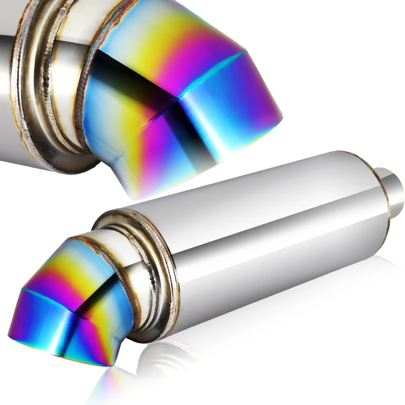 JDM Cutter Knife Style Universal 3" Inlet 4" Outlet Deep And Smooth Tone Weld-On T-304 Exhaust High Flow Turn Down Muffler -Rainbow Burnt Tip - Image 3