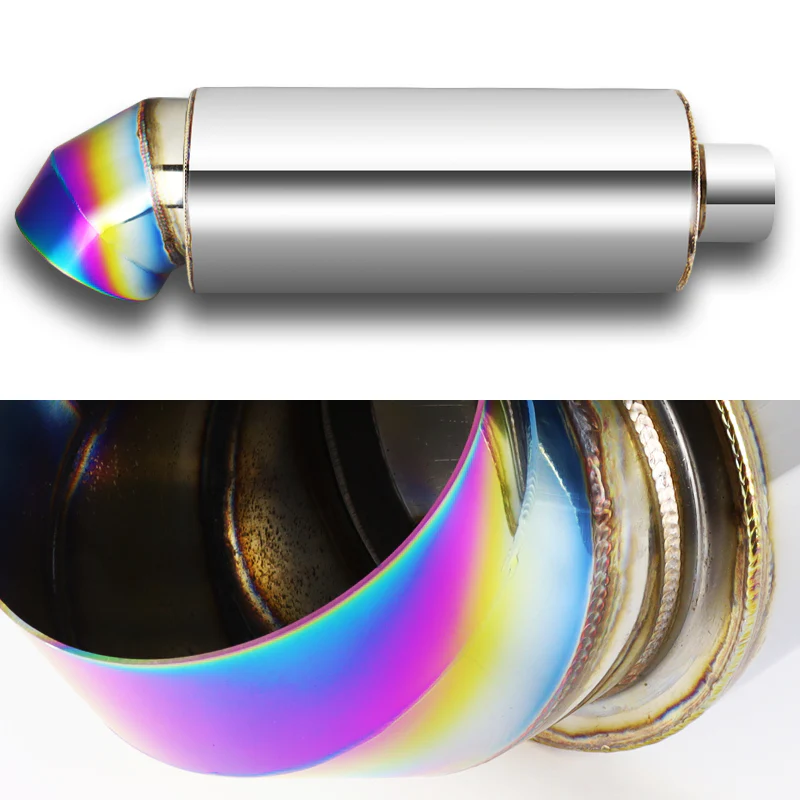 JDM Cutter Knife Style Universal 3" Inlet 4" Outlet Deep And Smooth Tone Weld-On T-304 Exhaust High Flow Turn Down Muffler -Rainbow Burnt Tip - Image 4