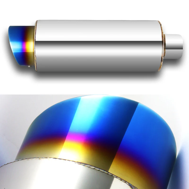 JDM N1 Fireball Slant Style Universal 2.5" Inlet 4" Outlet Deep And Smooth Tone, Removable Silencer Pre-attached, Weld-On T-304 Exhaust High Flow Muffler -Blue Burnt Tip - Image 5