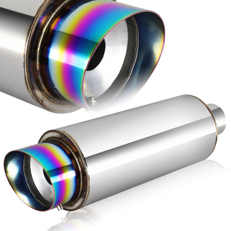 JDM N1 Fireball Slant Style Universal 2.5" Inlet 4" Outlet Deep And Smooth Tone, Removable Silencer Pre-attached, Weld-On T-304 Exhaust High Flow Muffler -Rainbow Burnt Tip - Image 5