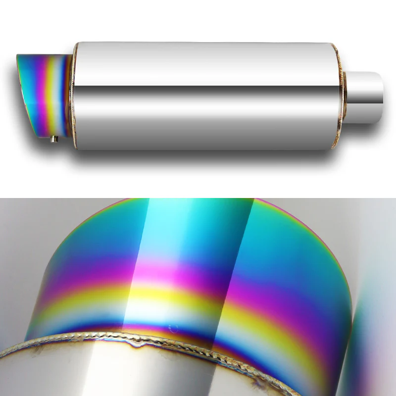 JDM N1 Fireball Slant Style Universal 3" Inlet 4" Outlet Deep And Smooth Tone, Removable Silencer Pre-attached, Weld-On T-304 Exhaust High Flow Muffler -Rainbow Burnt Tip - Image 5