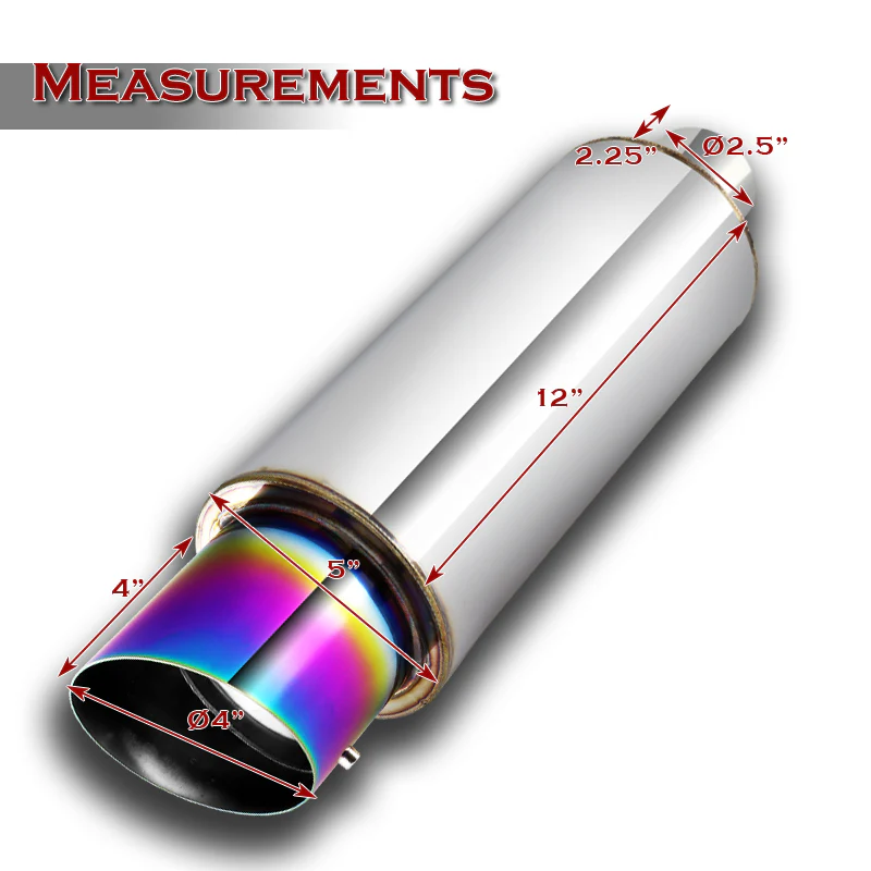 JDM N1 Style Universal 2.5" Inlet 4" Outlet Deep And Smooth Tone, Removable Silencer Pre-attached, Weld-On T-304 Exhaust Slant Tip High Flow Muffler -Rainbow Burnt Tip - Image 2