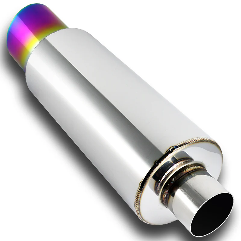 JDM N1 Style Universal 2.5" Inlet 4" Outlet Deep And Smooth Tone, Removable Silencer Pre-attached, Weld-On T-304 Exhaust Slant Tip High Flow Muffler -Rainbow Burnt Tip - Image 4