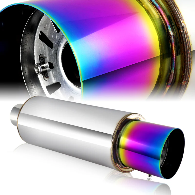 JDM N1 Style Universal 3" Inlet 4" Outlet Deep And Smooth Tone, Removable Silencer Pre-attached, Weld-On T-304 Exhaust Muffler -Rainbow Burnt Tip - Image 3