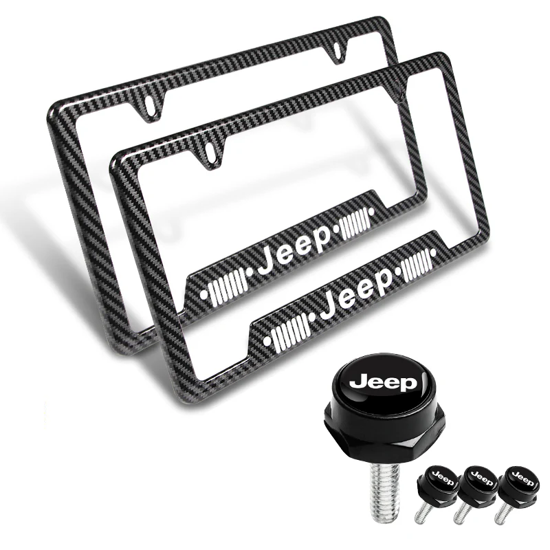 JEEP 2 pcs Carbon Fiber Look High Quality ABS License Plate Frames with Caps Bolt Screw Set - Image 5