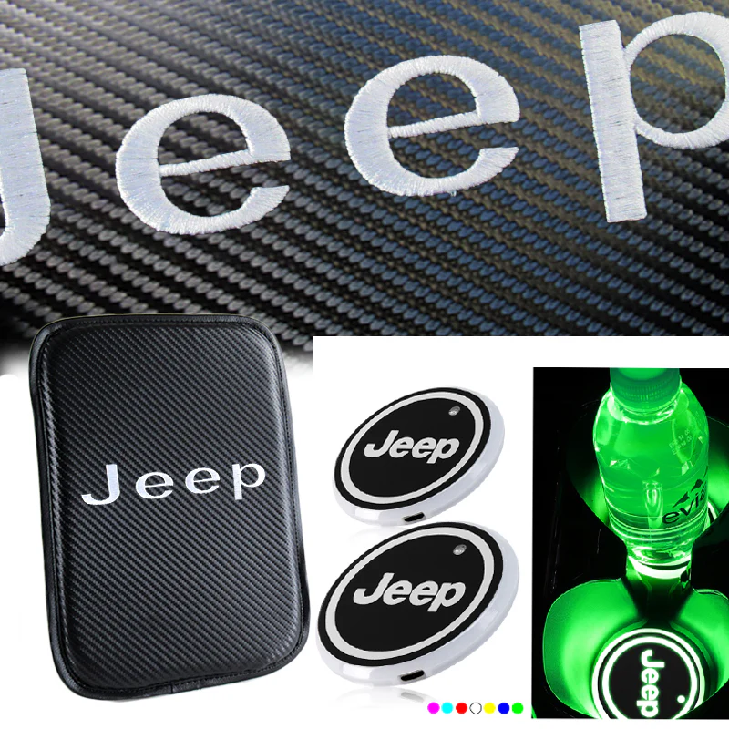 JEEP Car Center Console Armrest Cushion Mat Pad Cover Stitched Embroidery Logo with LED Cup Coaster Set - Image 5