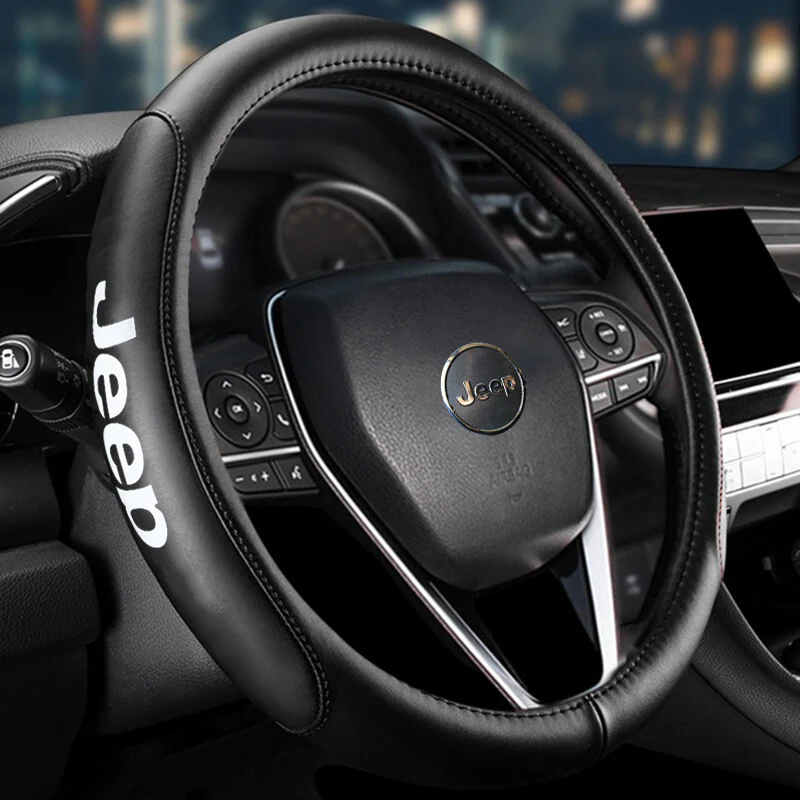 JEEP Set Black 15" Diameter Car Auto Steering Wheel Cover Quality Leather with Center Console Armrest Cushion Mat Pad Cover - Image 10