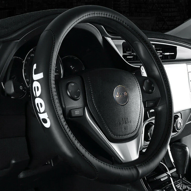JEEP Set Black 15" Diameter Car Auto Steering Wheel Cover Quality Leather with Center Console Armrest Cushion Mat Pad Cover - Image 3