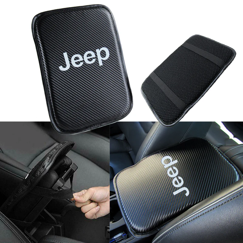 JEEP Set Black 15" Diameter Car Auto Steering Wheel Cover Quality Leather with Center Console Armrest Cushion Mat Pad Cover - Image 4