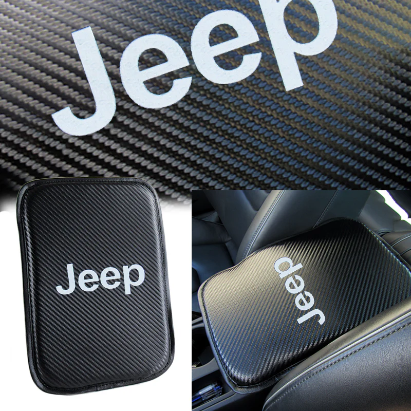 Jeep Set Carbon Fiber Car Center Armrest Cushion Mat Pad with Cup Coaster Combo - Image 2