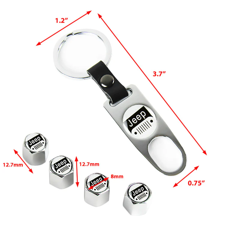 JEEP Silver Universal Car Wheel Tire Valves Dust Stem Air Caps Keychain Emblem KEY FOB Set - US SELLER - Image 3