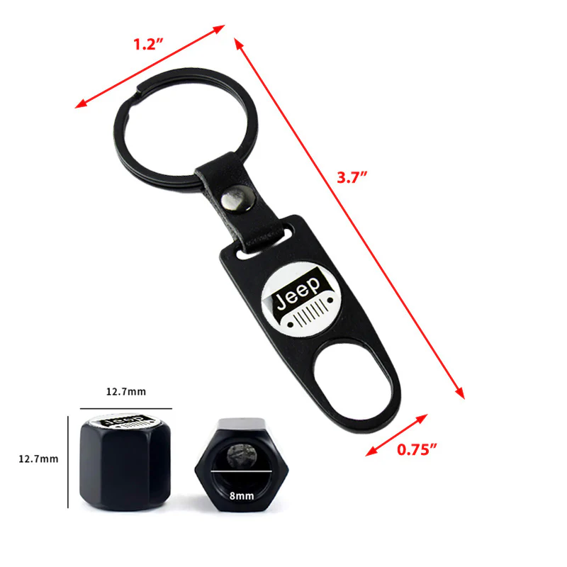 JEEP Black Universal Car Wheel Tire Valves Dust Stem Air Caps Keychain Emblem KEY FOB Set - US SELLER - Image 3